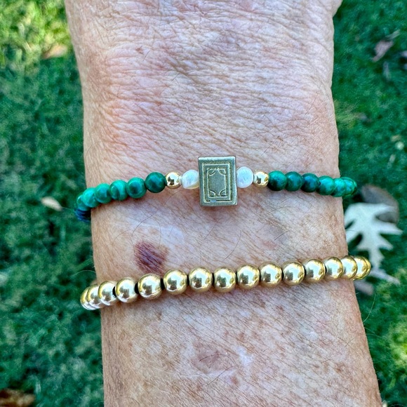 Mahjong bracelet- 3 mm malachite beads mahjong tile bead, 14k gf beads & pearls - Picture 3 of 7